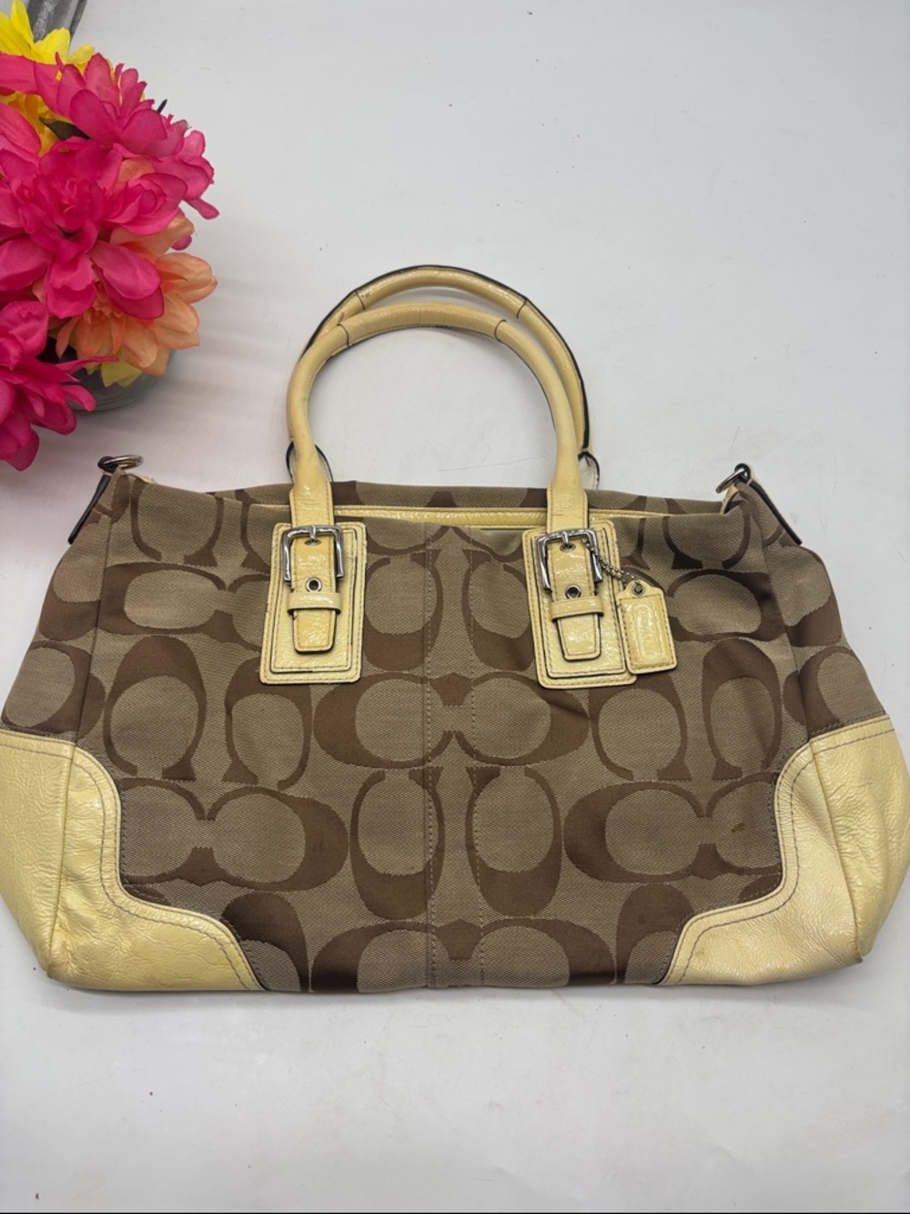 Coach Vintage brown Signature Canvas Tote Cream Leather Trim As is condition